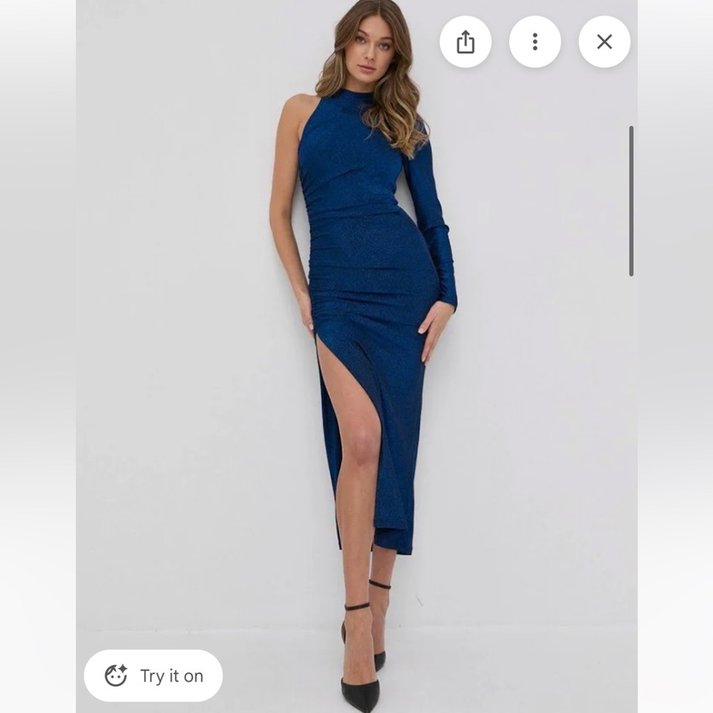 Bardot Blue Xander lurex sparkly one shoulder stretch maxi holiday party dress